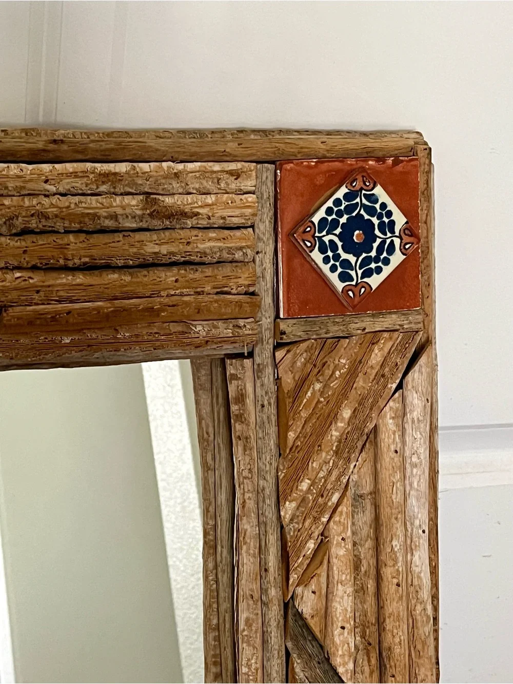 Rustic Wood Frame Wall Mirror with Colorful Tile Accents - Brown
